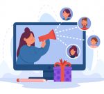 Online advice to referrals from influencer in social media. Woman holding megaphone for advertising message to clients flat vector illustration. Affiliate marketing, influence, interaction concept